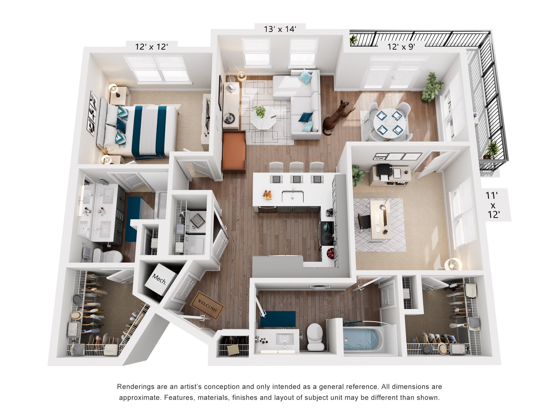 Floor plan for 2 beds, 2 baths, 1145 sqft